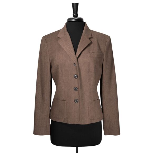 Chaps Ralph Lauren Women's Blazer Brown Wool Herringbone Preppy Suit Jacket 12 - Picture 1 of 11